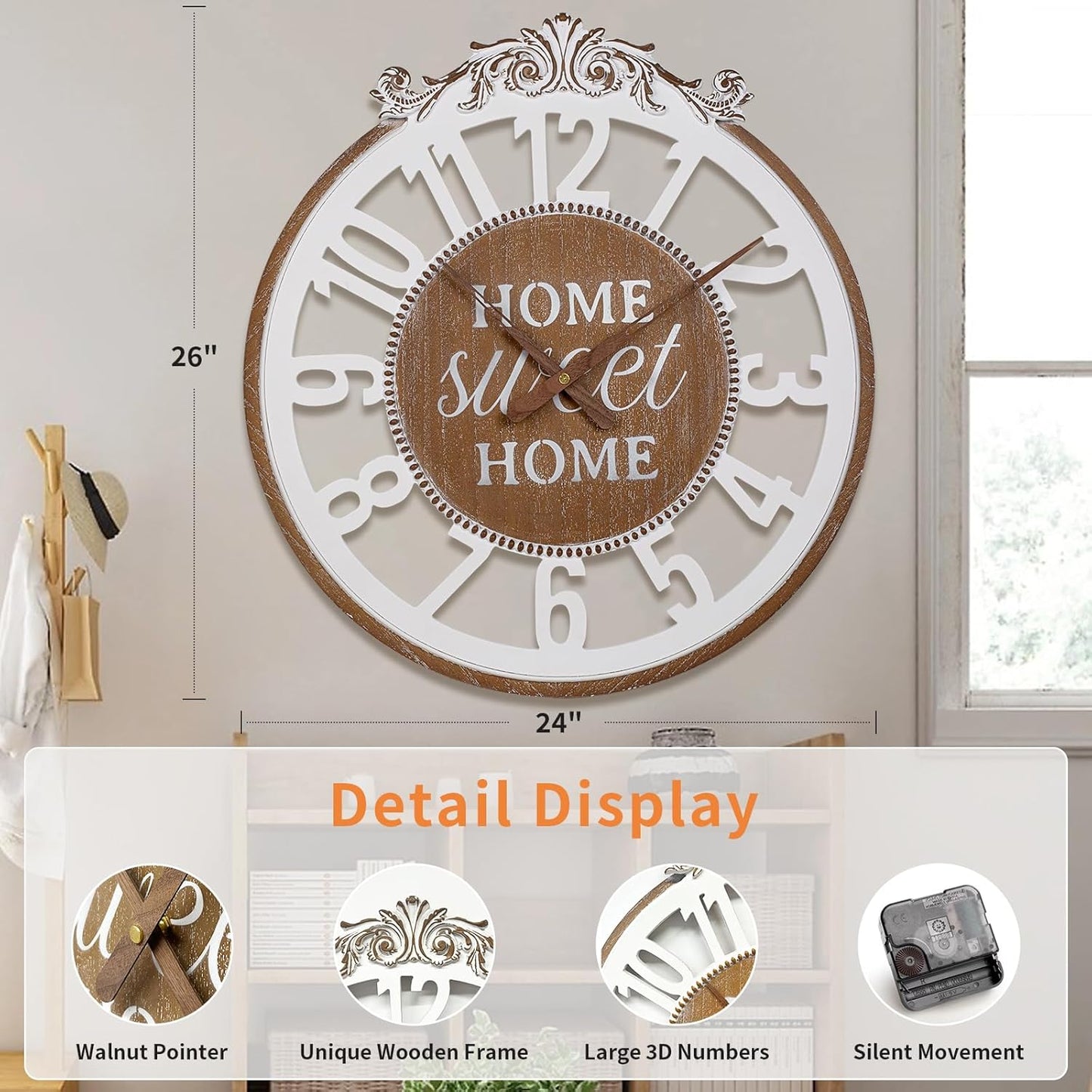 Wall Clock Large- Farmhouse Wall Clock 24 Inch Decorative Engraved Numerals Rustic Wooden Wall Clocks, Big Wall Watch Silent Battery Operated for Kitchen Bedroom Living Room Fireplace Mantel