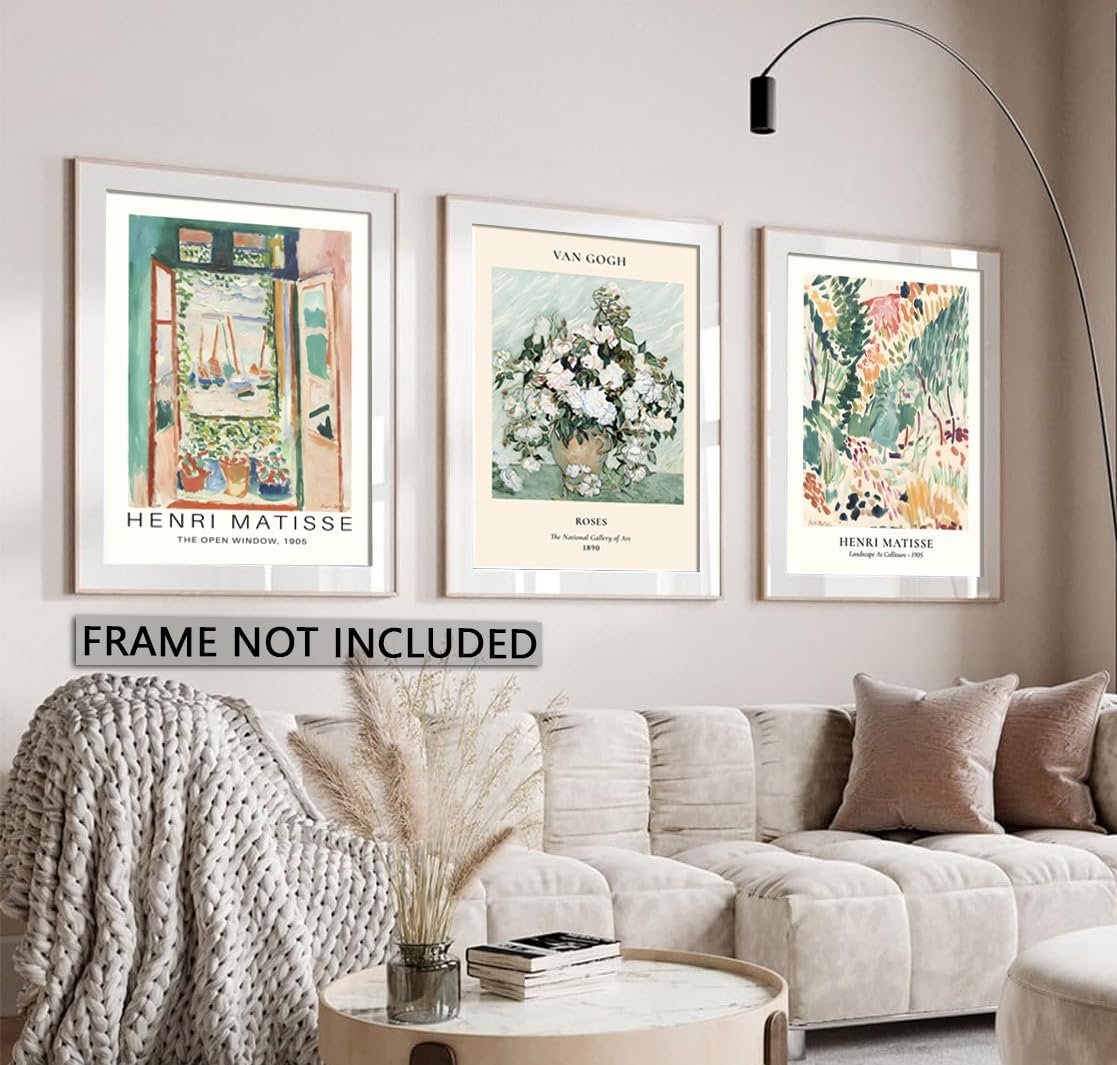 Sage Green Matisse Wall Art Posters Set of 3 Vintage Vin Gogh Flower Market Painting Decor Retro Open Window Canvas Prints Abstract Aesthetic Artwork Picture for Living Room Bedroom 12x16in Unframed