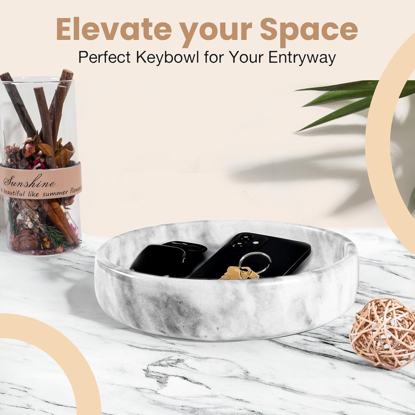 Marble Decorative Bowl - 7.5" White/Grey Solid Marble Centerpiece - Handmade Stone Fruit Bowl - Catch-All or Key Bowl for Kitchen - Modern Minimalist Decor