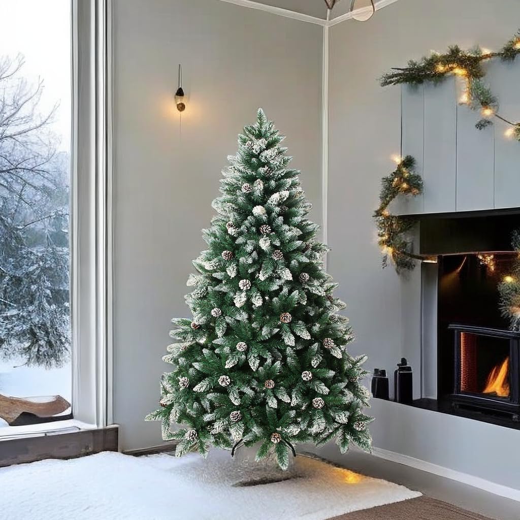 Artificial Christmas Tree 5/6/7/7.5 Foot Flocked Snow Trees with Pine Cone Decoration Unlit