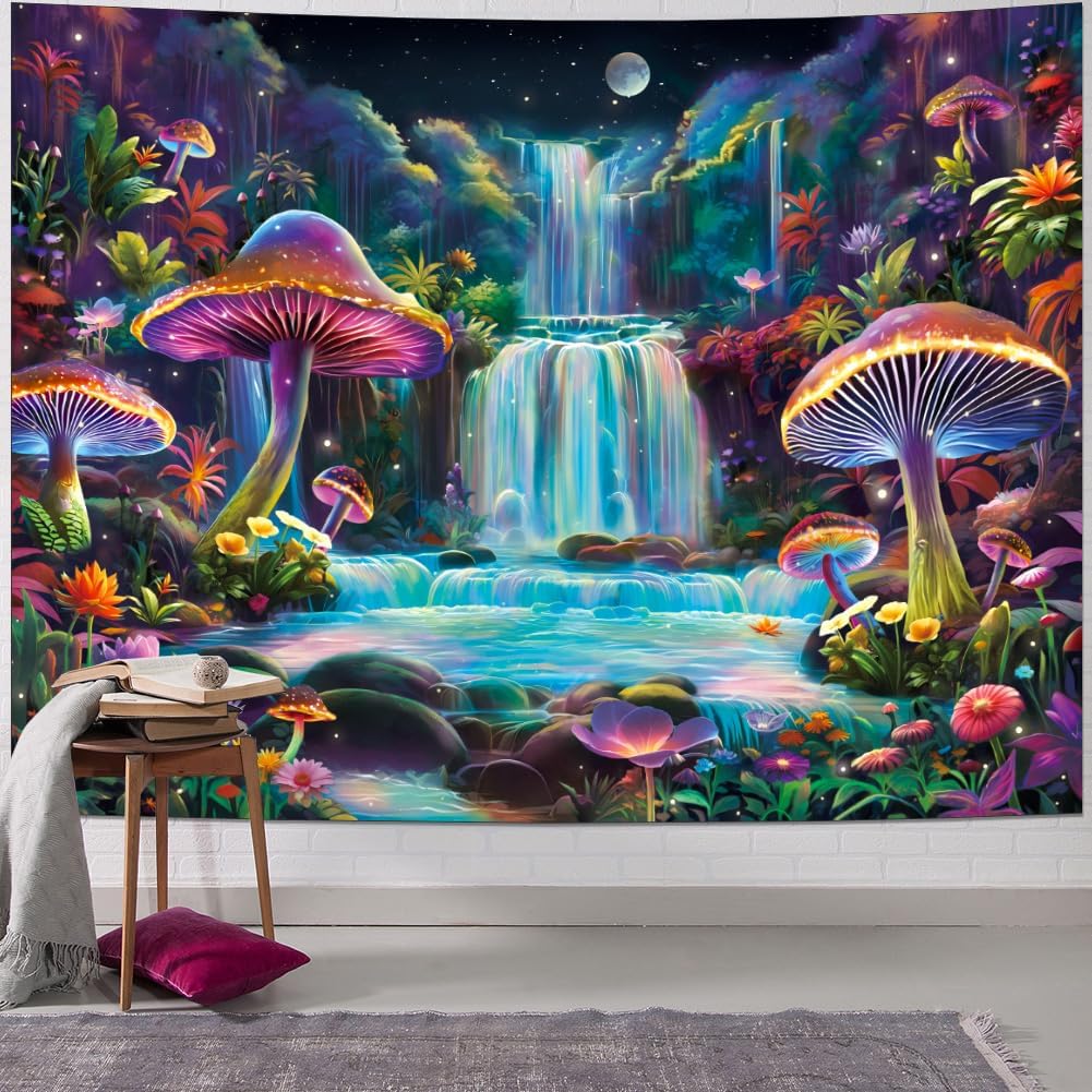 Dermijer Blacklight Tapestry Fantasy Mushroom Forest Tapestry UV Reactive Waterfall Tapestries Moon Night Neon Flower Landscape Wall Hanging for Home Decor L92.5×W70.8