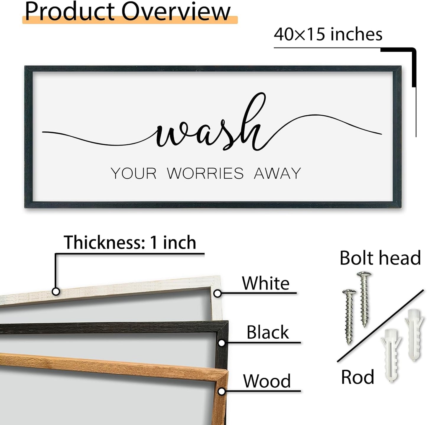 SRSZHIYUE Wash Your Worries Away Bathroom Sign Wall Art 40"x15" Funny Restroom Toilet Large Wood Framed Hanging Decor (Black)