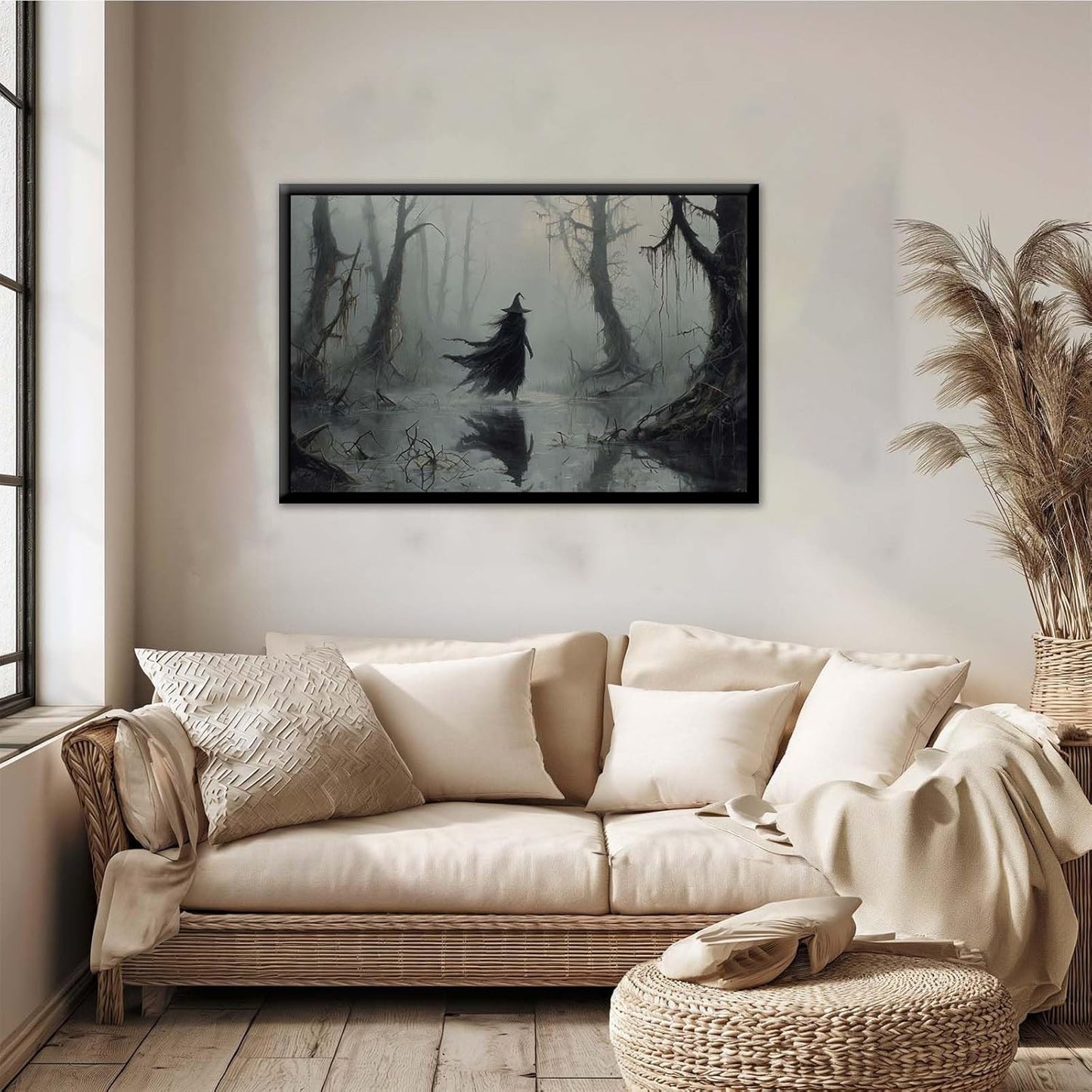 JFHCQJPK Vintage rustic swamp witch poster dark moody wall art gothic horror season halloween print for home decor retro dark moody painting24x36in Metal blackFramed