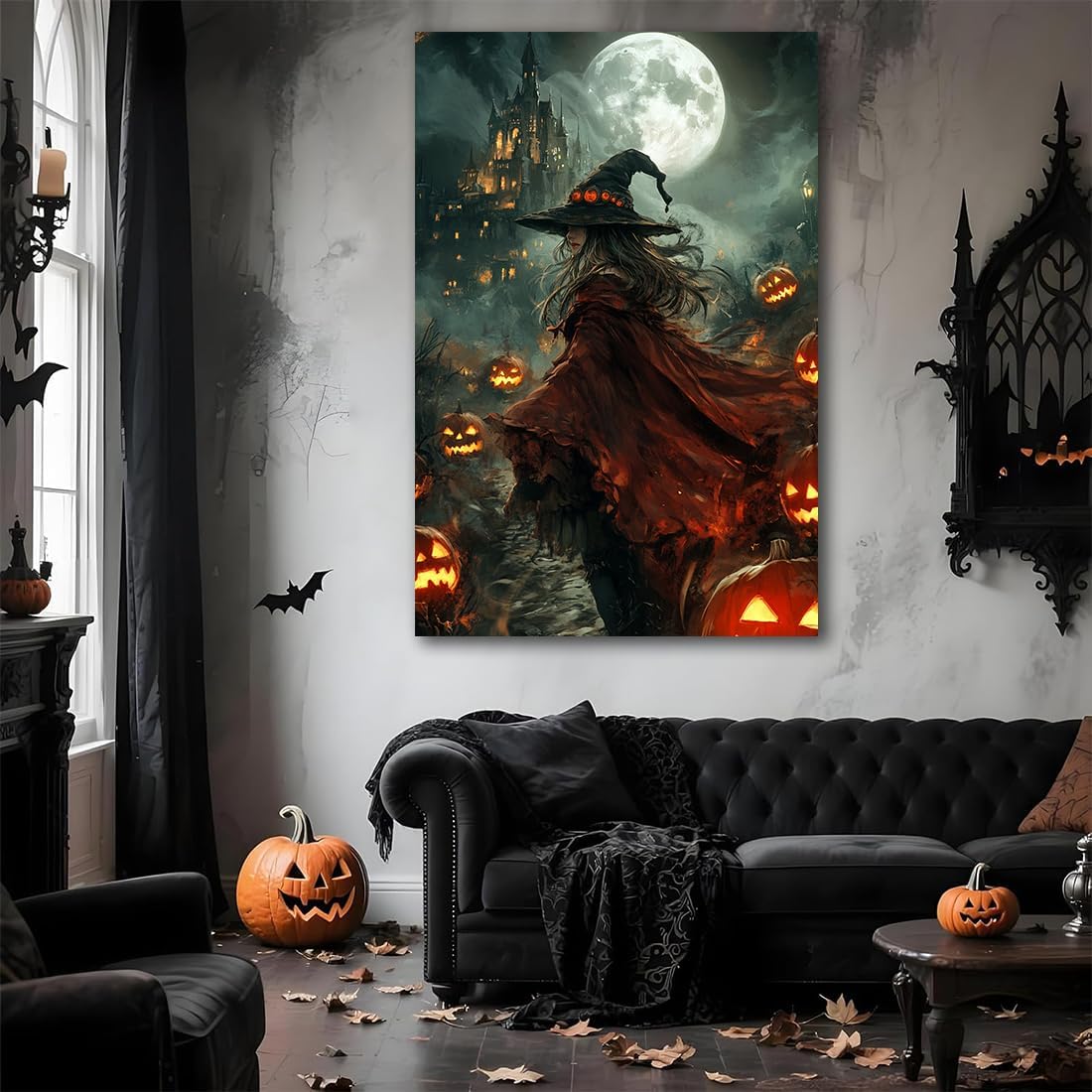 Dark and Moody Gothic Witch Poster Wall Art,Vintage Rustic Witch in Cloak with Castle Pumpkin Road Dark Gothic Poster,Goth Spooky Season Halloween Prints for Fantasy Office,20"x30" Unframed
