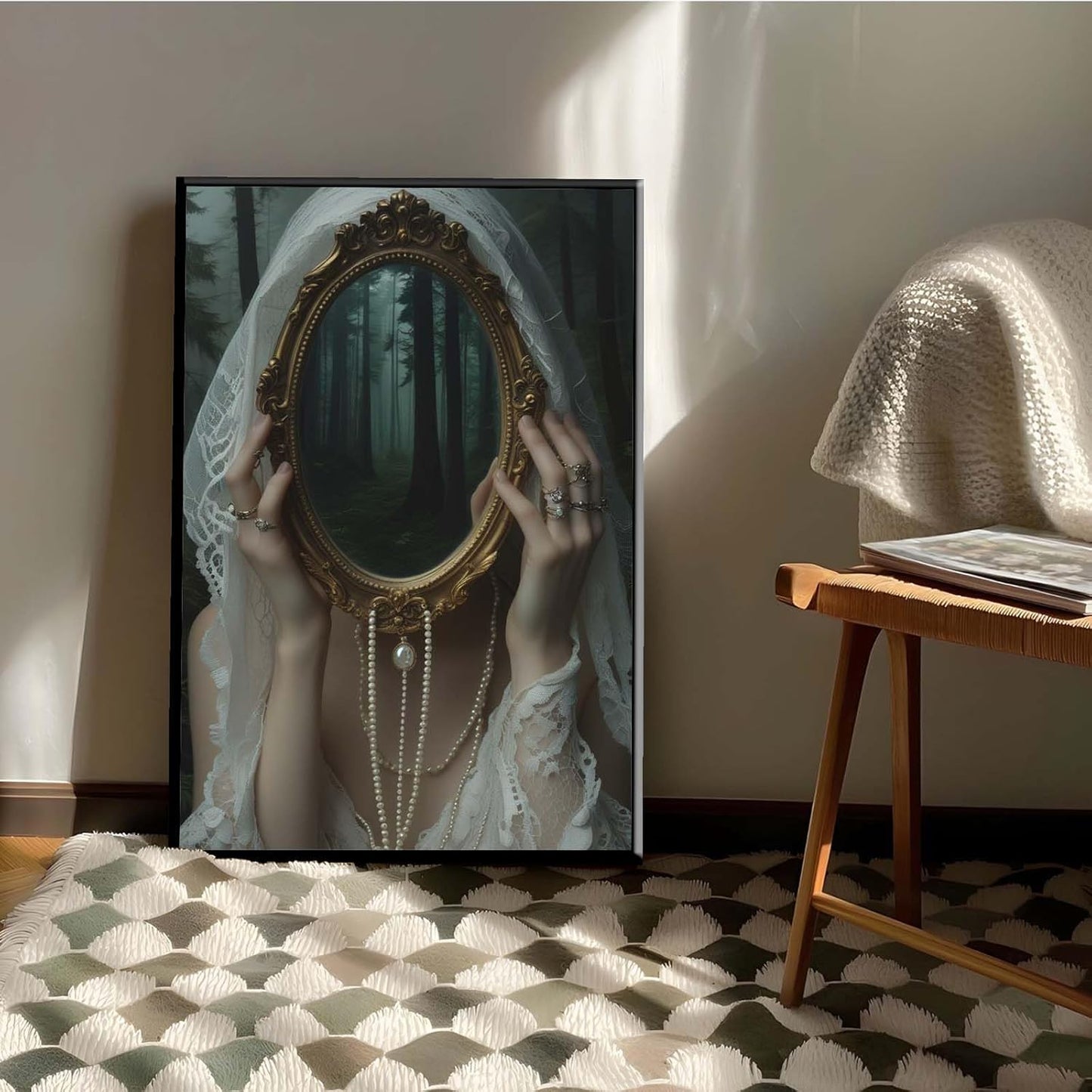 Mirror face covering dark art poster print melancholy gothic painting vintage feminine print victorian style decoration antique art24x36in Metal blackFramed