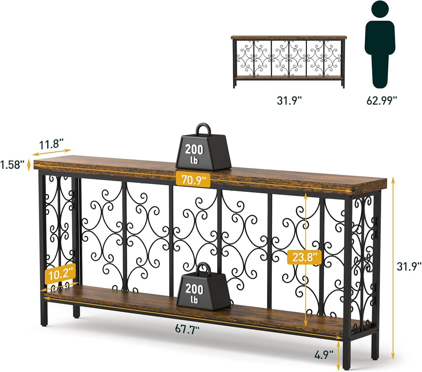 ikkle 70.9" Extra Long Console Table, Industrial Narrow Sofa Table Behind Couch with 2 Tier Storage Shelf, Entryway Hallway Accent Table for Living Room, Foyer, Rustic Brown