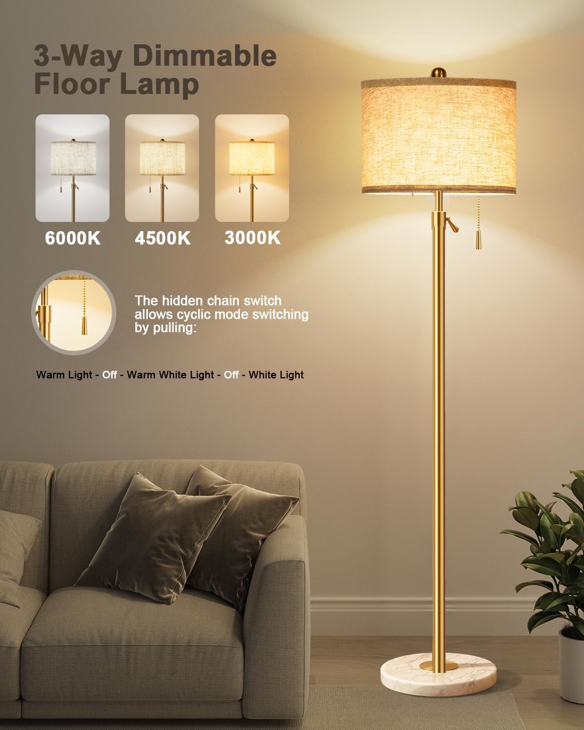 Modern Gold Floor Lamp for Living Room - Adjustable Height Standing Lamp with Marble Base & Linen Shade, 3-Way Dimmable Tall Floor Light for Bedroom, Reading, Bulb Included