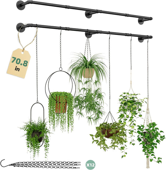 Plant Hanger Indoor with 12 Hanging Chains Hanging Planters for Indoor Plants Hanging Plant Holder Window Plant Rod Black Metal Shelves 70.8 Inch 2PCS Pot not Included