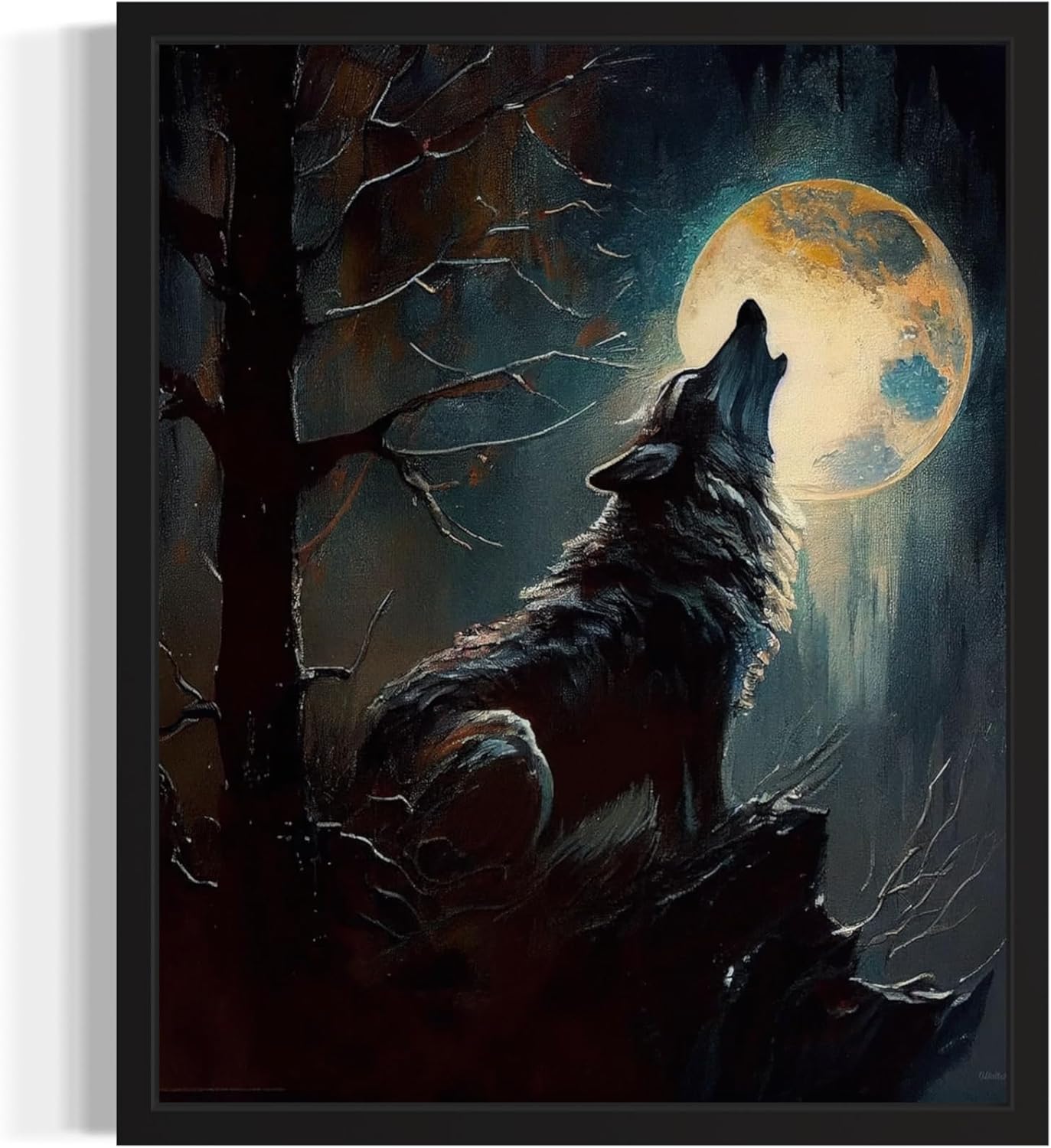Wolf howling Poster Art Print, Halloween Scary Vintage Wall Art Academia Spooky Painting Decoration for Horror Prints, Gothic Posters Bedroom Decor 89 (Wolf howling, 16 x 20 inches, Black Frame)