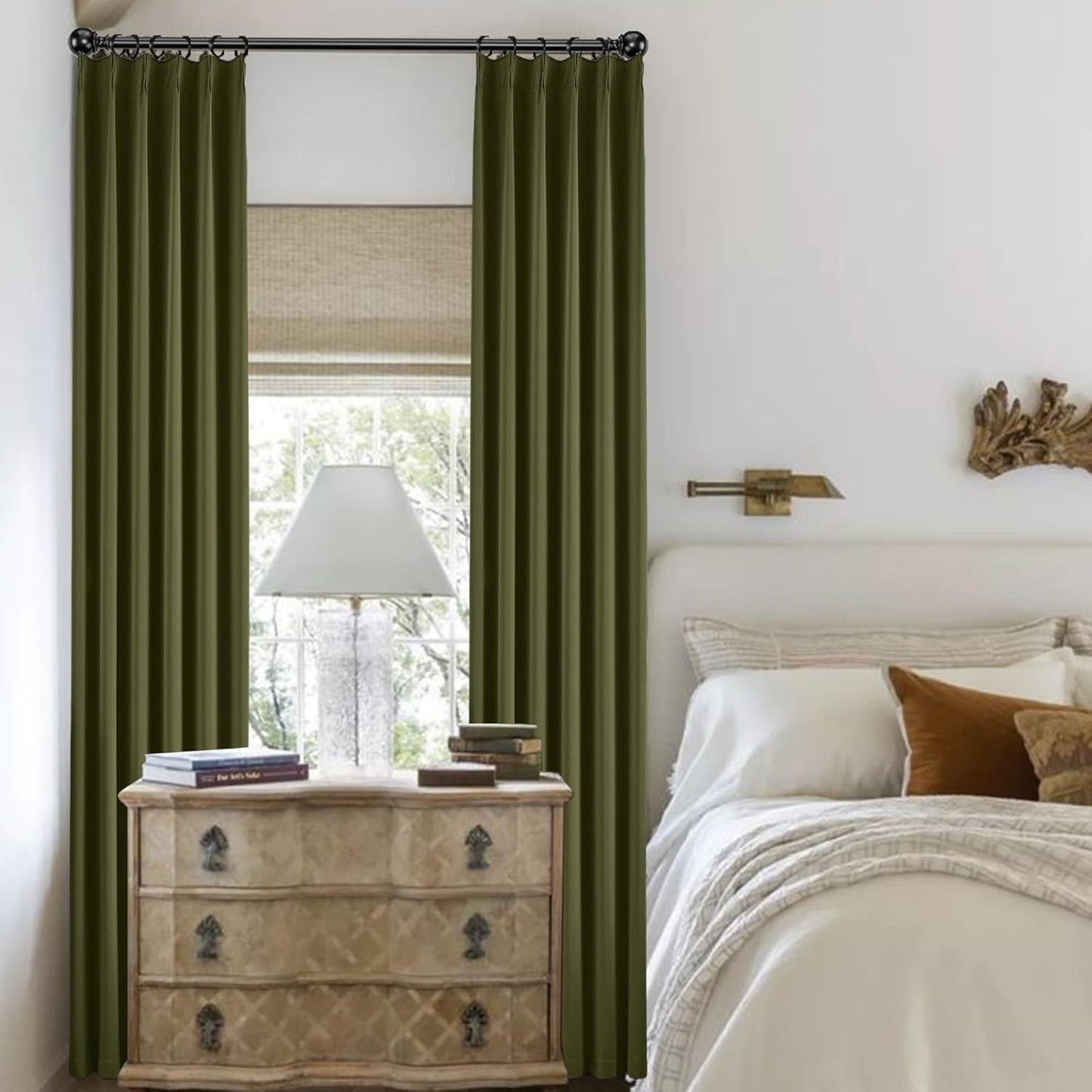 KangBang Olive Green Blackout Pleated Curtains 96 Inches Long, Custom Made Pinch Pleated Memory Trained Window Curtain Panels for Living Room Hotel with Hooks 2 Panels,40”Wx96”L