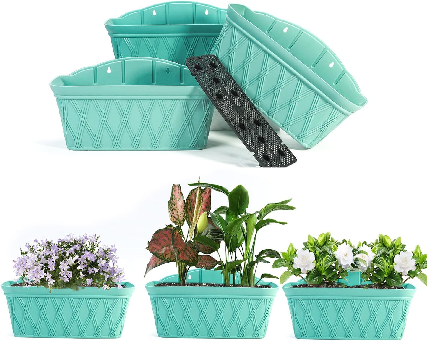 Sungmor 3 Pack Wall Hanging Planters, 16.5 Inch Railing Fence Hanging Flower Pots, Thickened Plastic Water Storage Plant Pot, Indoor Outdoor Garden Balcony Decor, Light Green Large Plant Basket