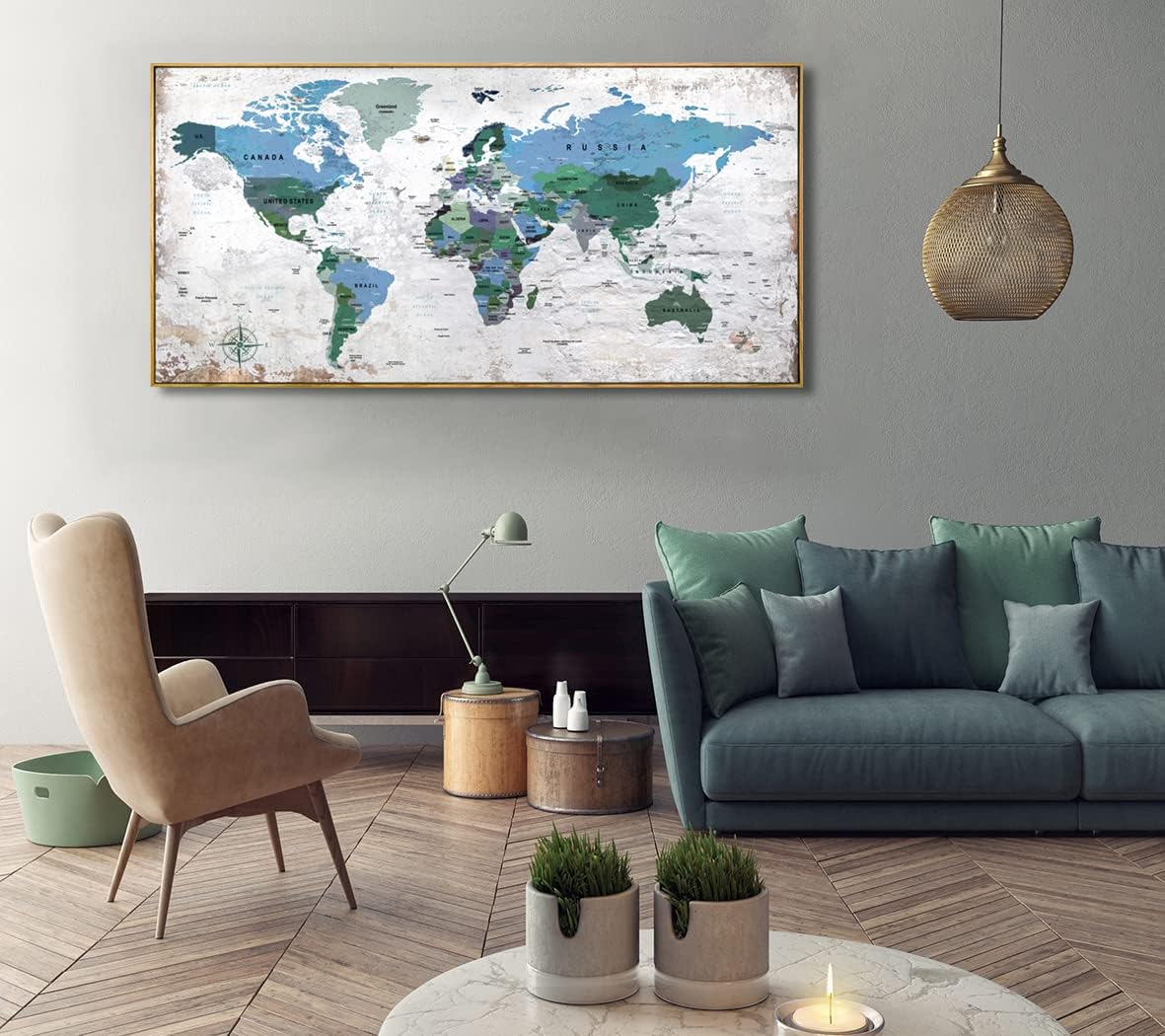Framed Wall Art World Map Wall Art Canvas Picture 20inchx40inch Large Blue Map of The World Canvas Painting Artwork Prints for Office Wall Decor Home Living Room Decorations Framed Ready to Hang