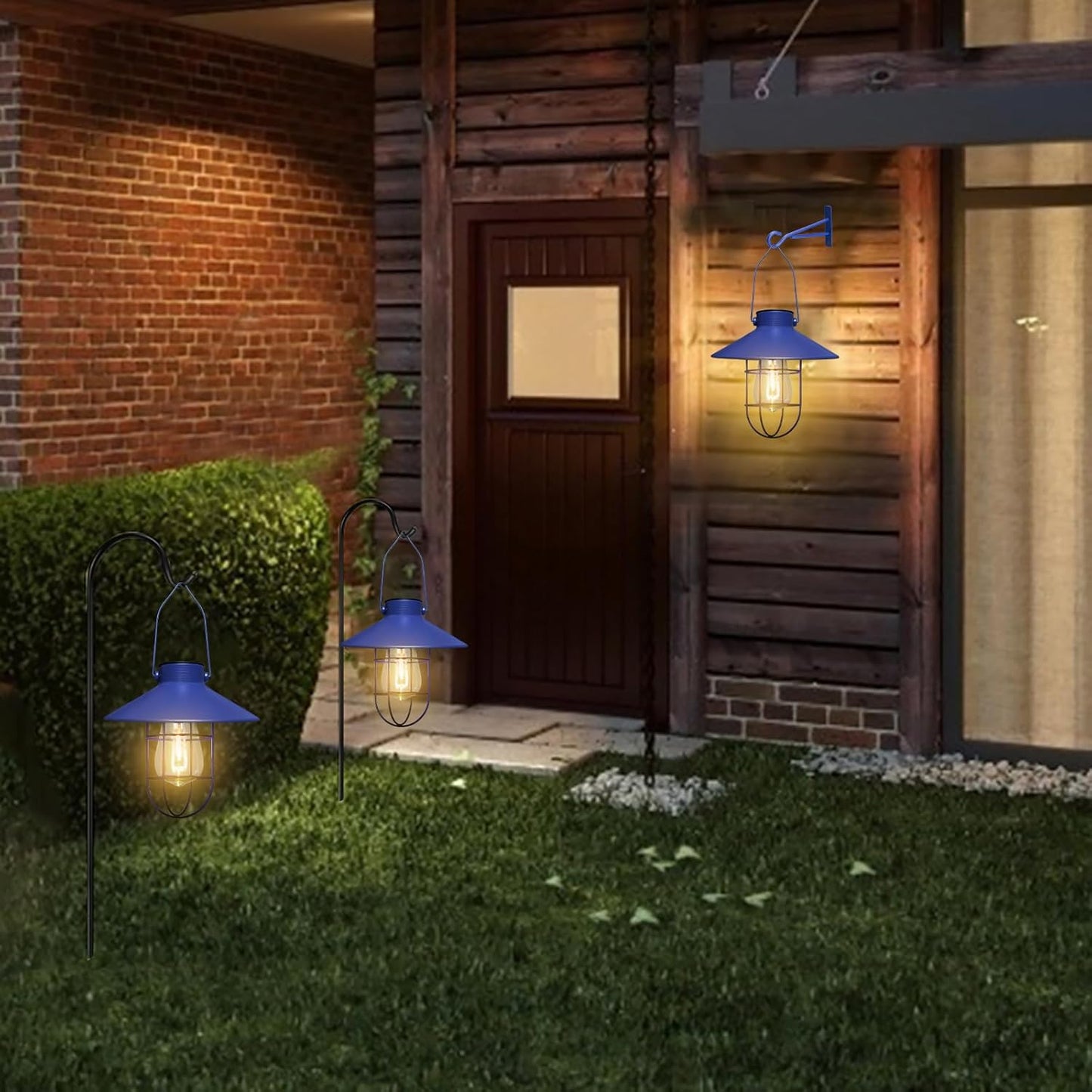 pearlstar Solar Lantern Outdoor Hanging Light Metal Farmhouse Solar Lamp with Warm White Edison Bulb Design for Garden Yard Patio Proch Decor(Blue)