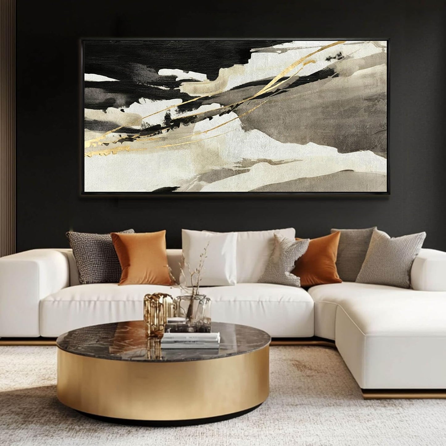 Black Gold Abstract Wall Art White Wall Decorations Canvas Art for Living Room Contemporary Painting Wall Decor Framed Pictures 29"x58"