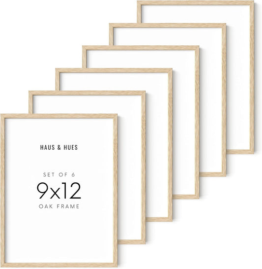 HAUS AND HUES Set of 6 9 X 12 Picture Frame - 9x12 Frame Collage Picture Frames for Wall, 9x12 Picture Frame Sets Wooden Frames, 12x9 Picture Frames in Bulk Wooden Picture Frames (Beige Oak Frame)