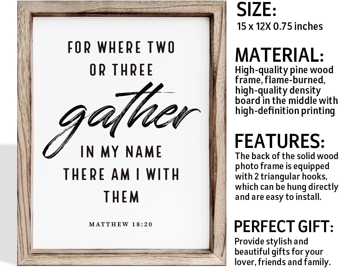 Christian Decor Art, Scripture Matthew 18:20 Sign, Home Church Decor, Framed Wall Plaque Sign 15 * 11.5 inches, Housewarming Gift, For Where Two or Three Gather in My Name