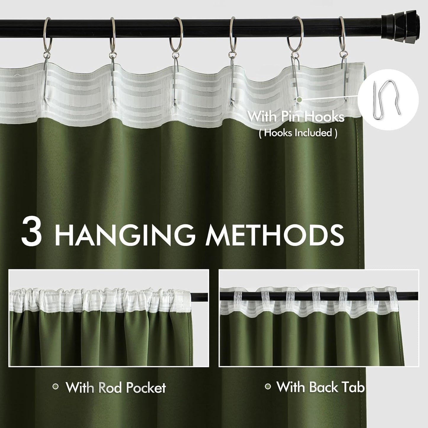 MIULEE Olive Green Back Tab Blackout Curtains 120 Inch Long 2 Panels Set for Bedroom, Rod Pocket/Pinch Pleated Extra Long Thermal Insulated Living Room Darkening Light Blocking 10FT Drapes