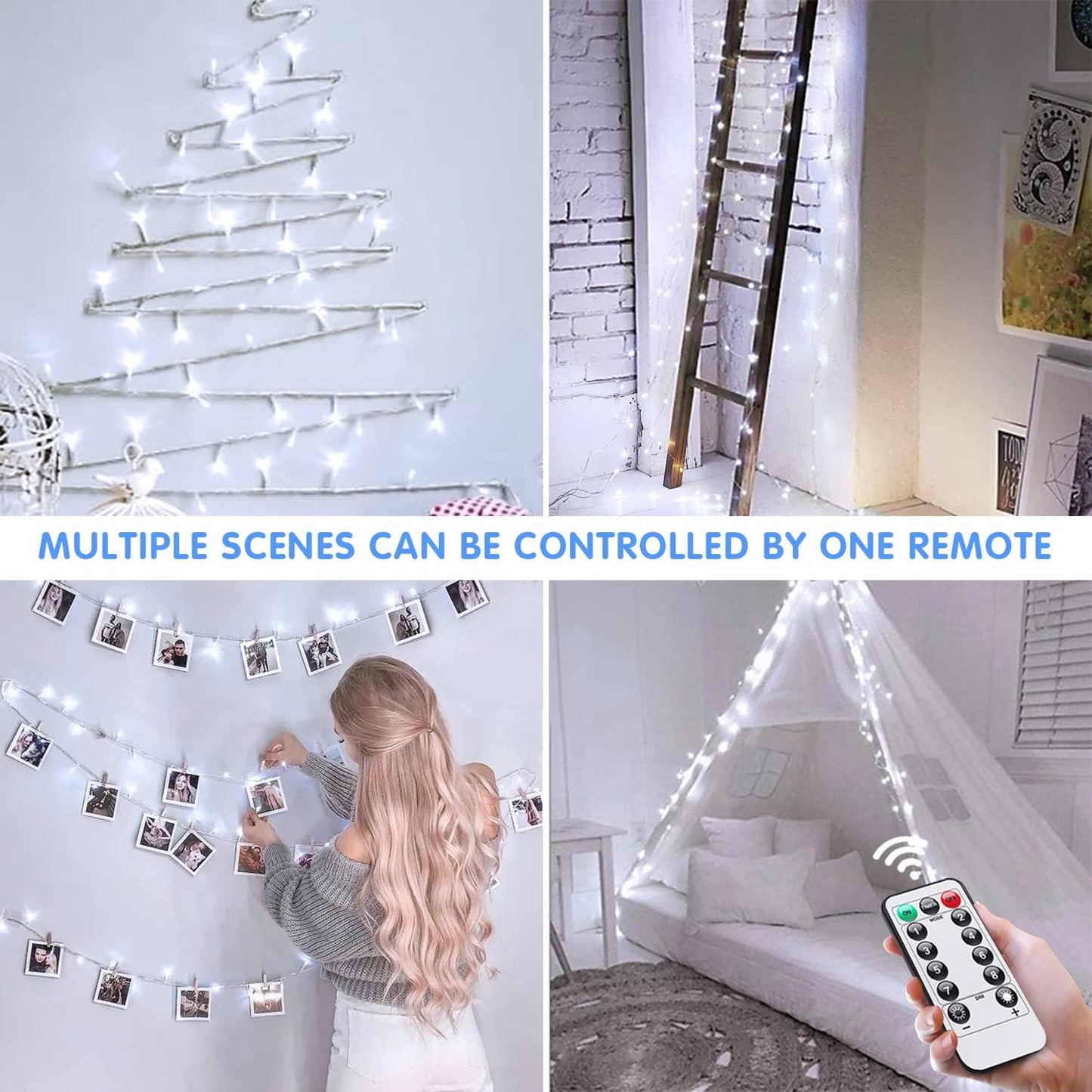 JMEXSUSS White Battery Operated String Lights Outdoor Waterproof, 33ft 100 LED Battery Power Christmas Lights Indoor, 8 Modes Twinkle Fairy Mini Light with Remote for Wedding Bedroom Tree