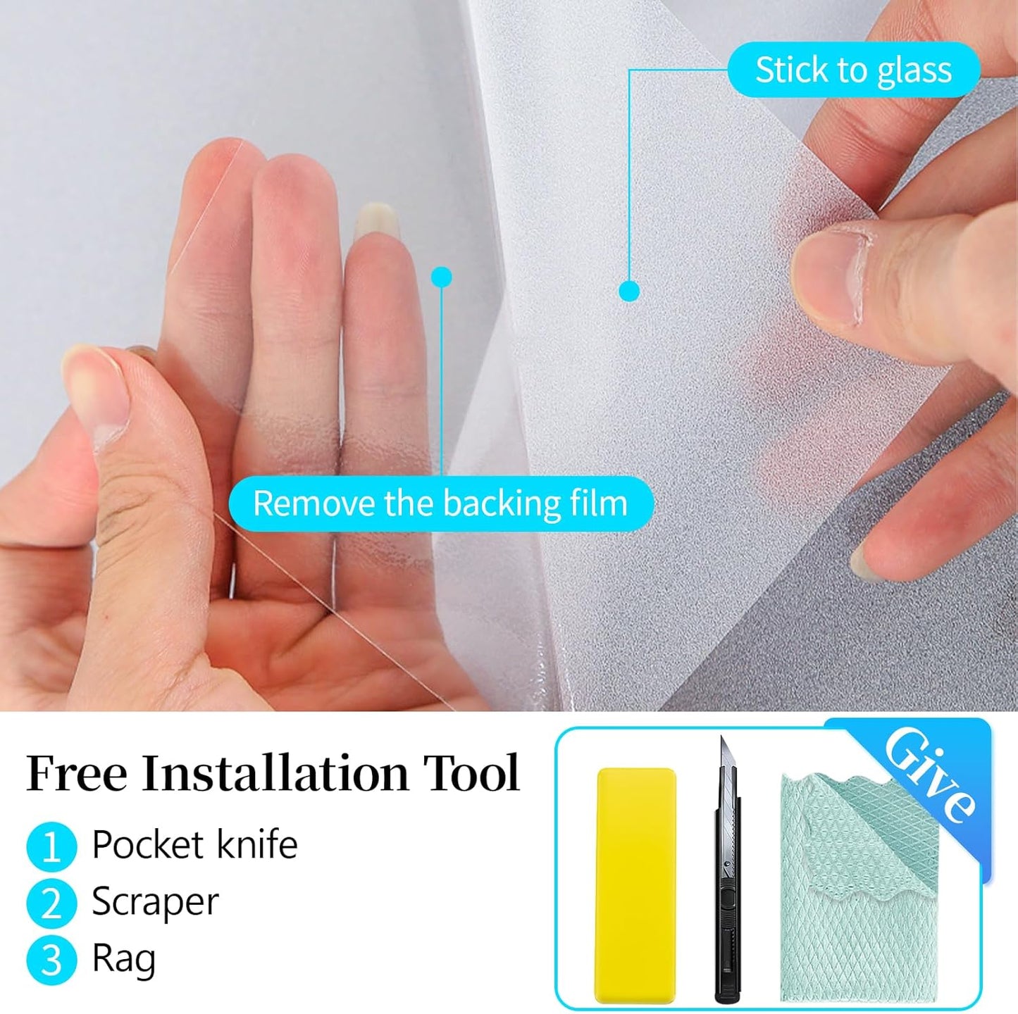 Niviy Frosted Glass Window Privacy Film with Free Installation Tools Static Cling Bathroom Window Frosting Film Day and Night Windows Cling Home Glass Door Cover, 17.5 inch x 78.7 inch