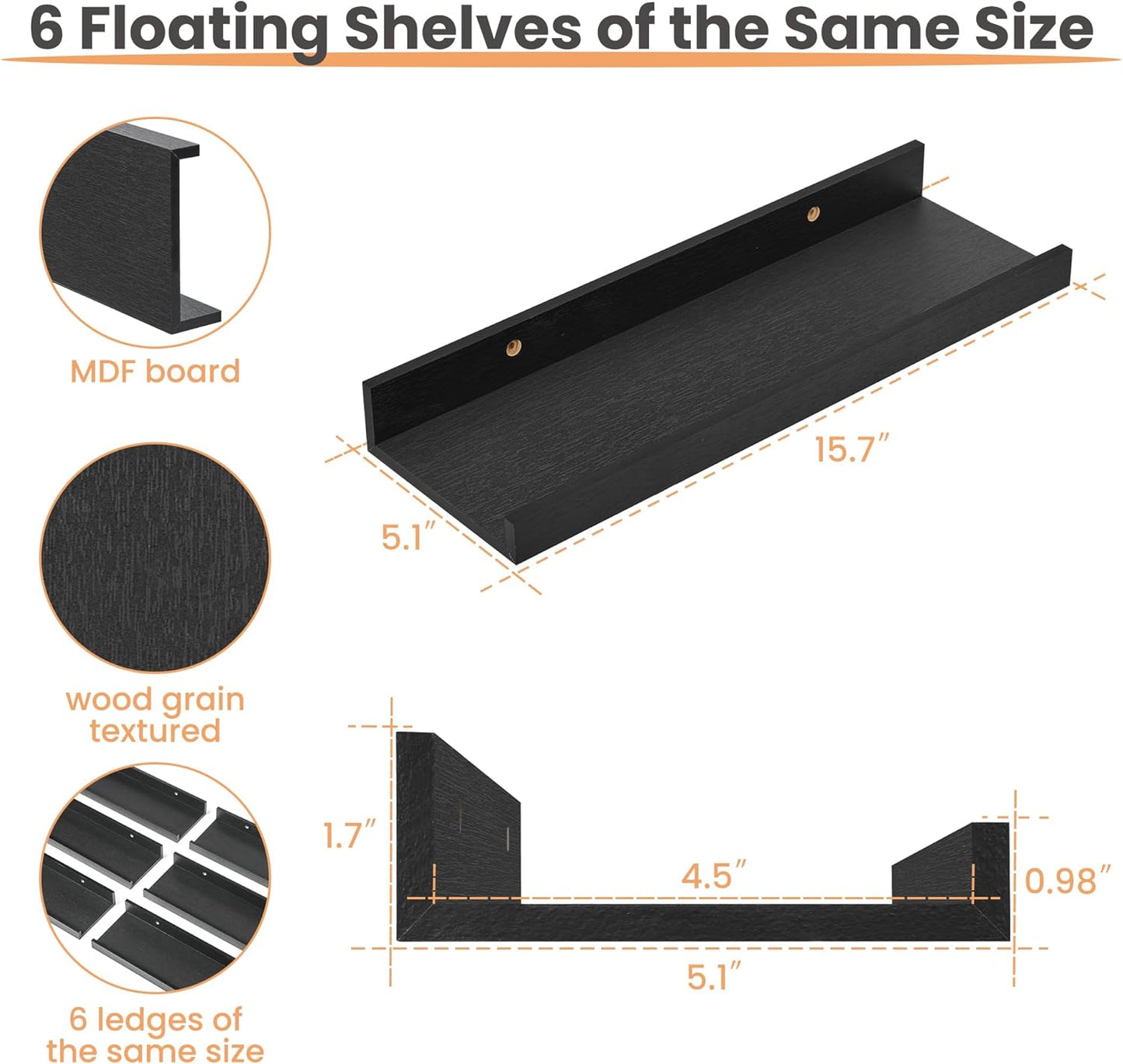 upsimples Floating Shelves for Wall, Wall Shelves for Decor Storage Set of 6, Wall Mounted Wood Shelf for Bedroom, Living Room, Bathroom, Kitchen, Picture Ledge Shelf, Black