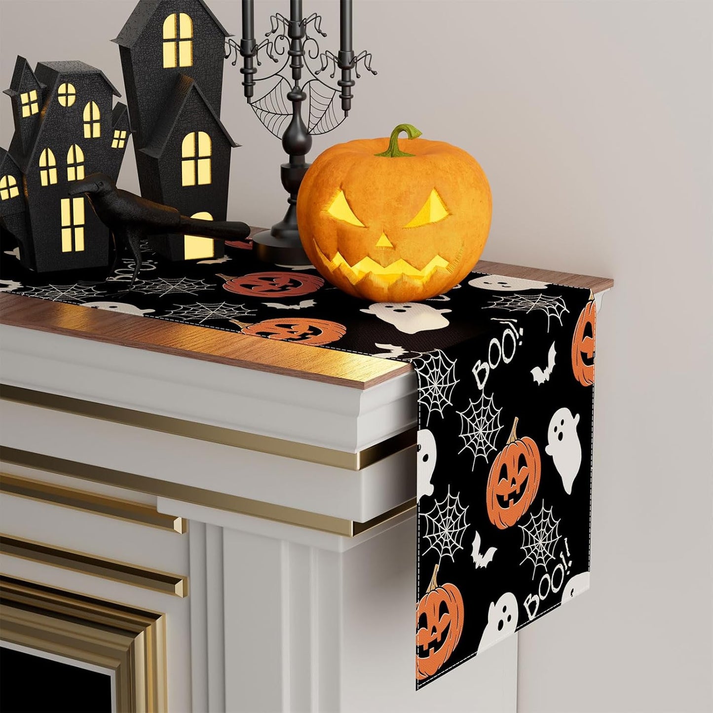 XCHI Boo Spooky Ghost Pumpkin Halloween Table Runner Burlap Table Decoration for Home Kitchen Dining Dinner Indoor Holiday Farmhouse Decor 13x72 Inch