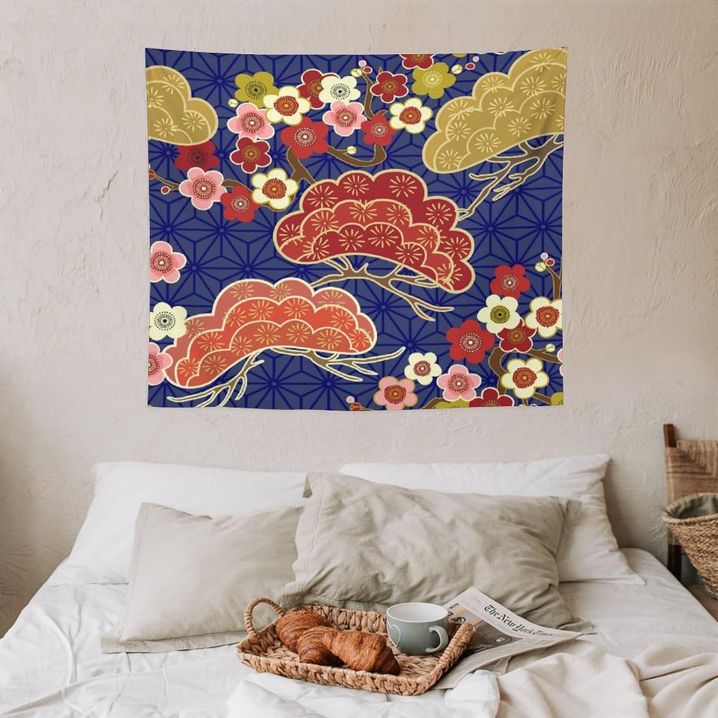 HZOHNAGO Japanese Tapestry Art Abstract Colorful Cherry Blossom Blue Background Pattern Printed Wall Tapestry Painting Wall Hanging for Bedroom Living Room Dorm 60" W x 50" H