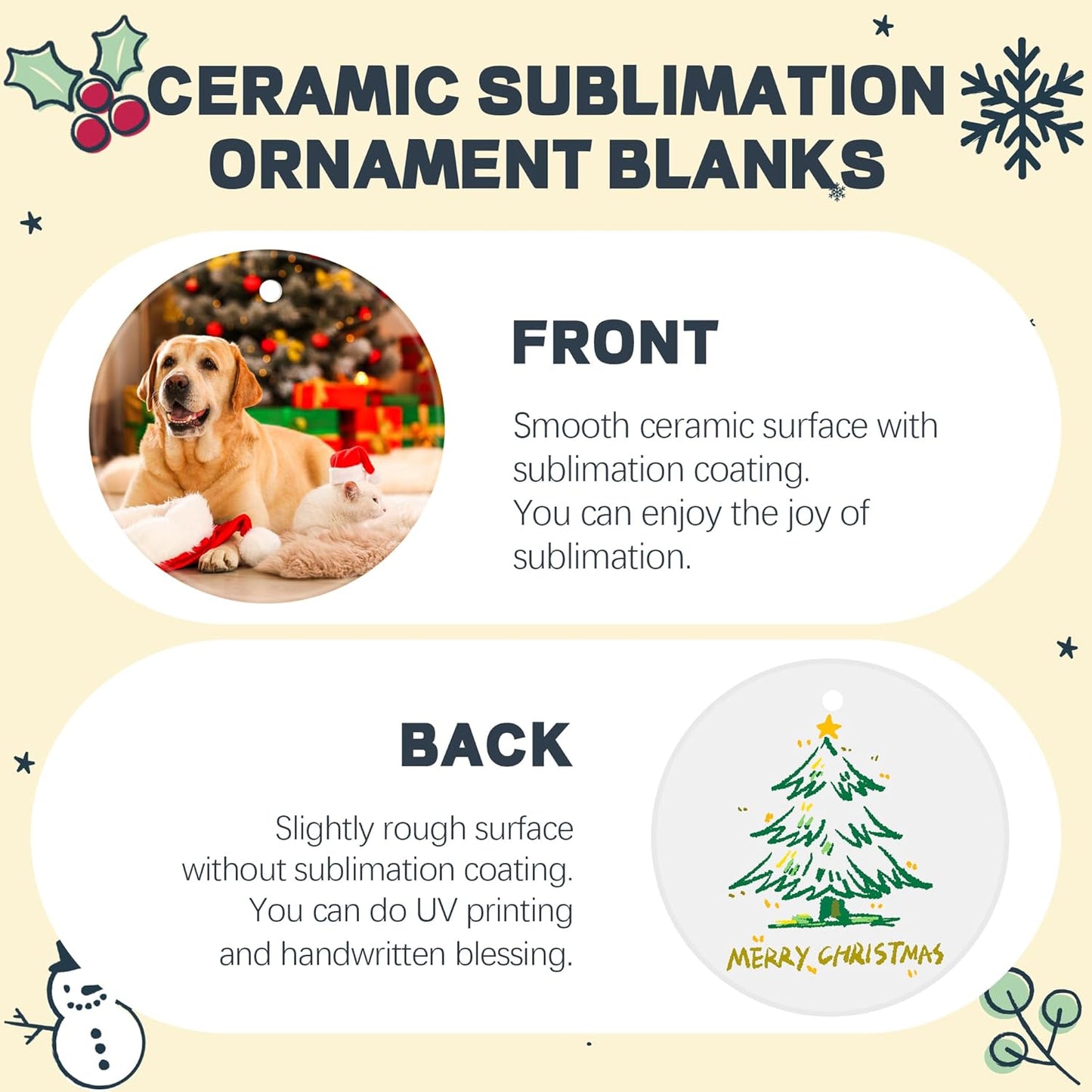 Joyclub 12 PCS 3'' Sublimation Ornament Blanks Ceramic Sublimation Christmas Ornaments Bulk Round White Ornaments for Personalized Xmas Tree Ornament Home Decor Heat Transfer DIY Crafts