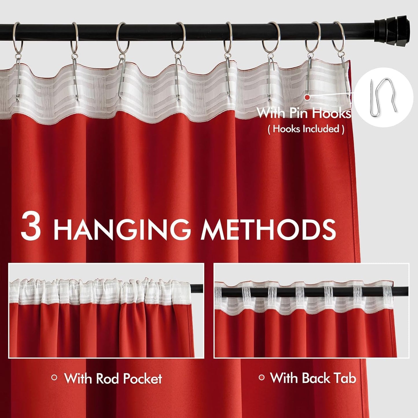 MIULEE Red Back Tab Blackout Curtains 90 Inches Long 2 Panels Set for Living Room Bedroom Privacy, Rod Pocket/Pinch Pleat Thermal Insulated Room Darkening Pleated Light Blocking Drapes