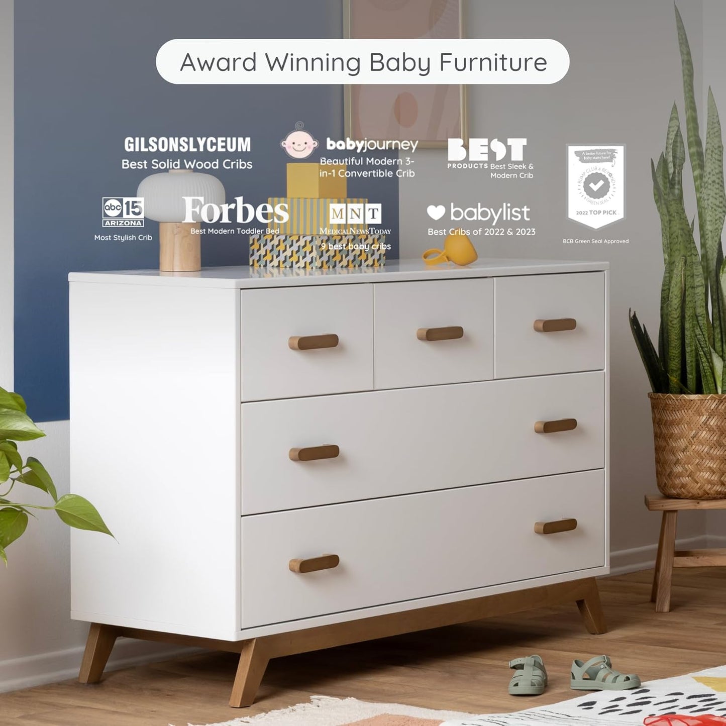 dadada Soho 5-Drawer Dresser for Nursery and Bedroom - Modern Design, Large Storage, Baby-Safe Finish, Soft Close Drawers, Anti-Tip Safety, Sturdy Legs & Solid Wood Handles, 47” Wide (White+Walnut)