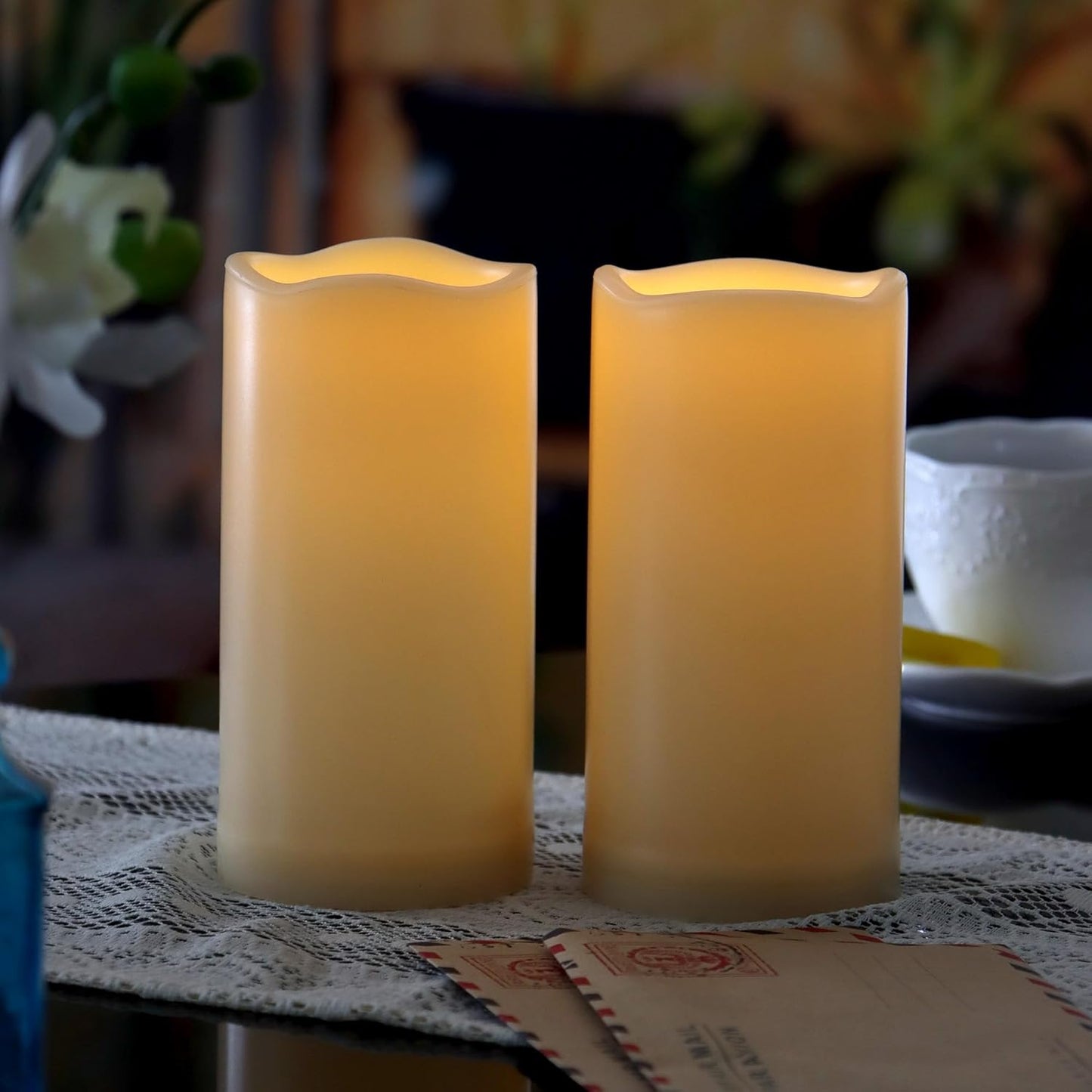 CANDLE CHOICE Waterproof Outdoor Battery Operated Flameless Candles Remote Timer Ivory Plastic Realistic Flickering Fake Electric LED Pillars Lantern Garden Wedding Christmas Decorations 3”x6” 6 Pack