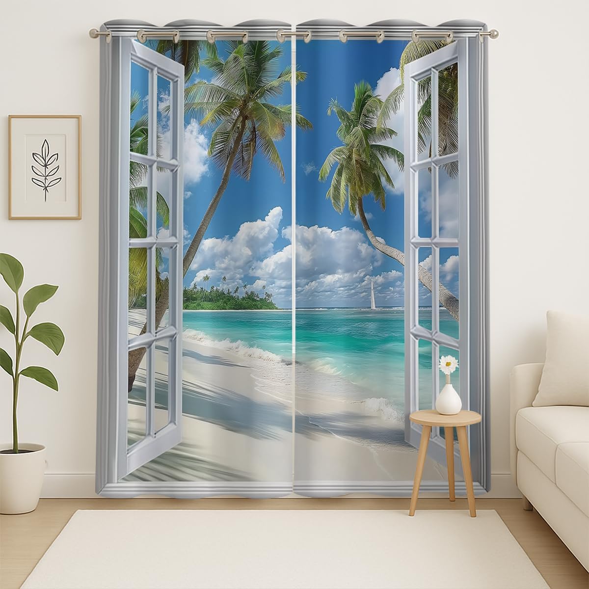 Beach Blackout Curtains for Girls Boys Teens Home Decor, Tropical Summer Scene Ocean Island Palm Tree Grommet Thermal Insulated Drapes Darkening Window Curtain for Bedroom Living Room, 72 x 63 Inch