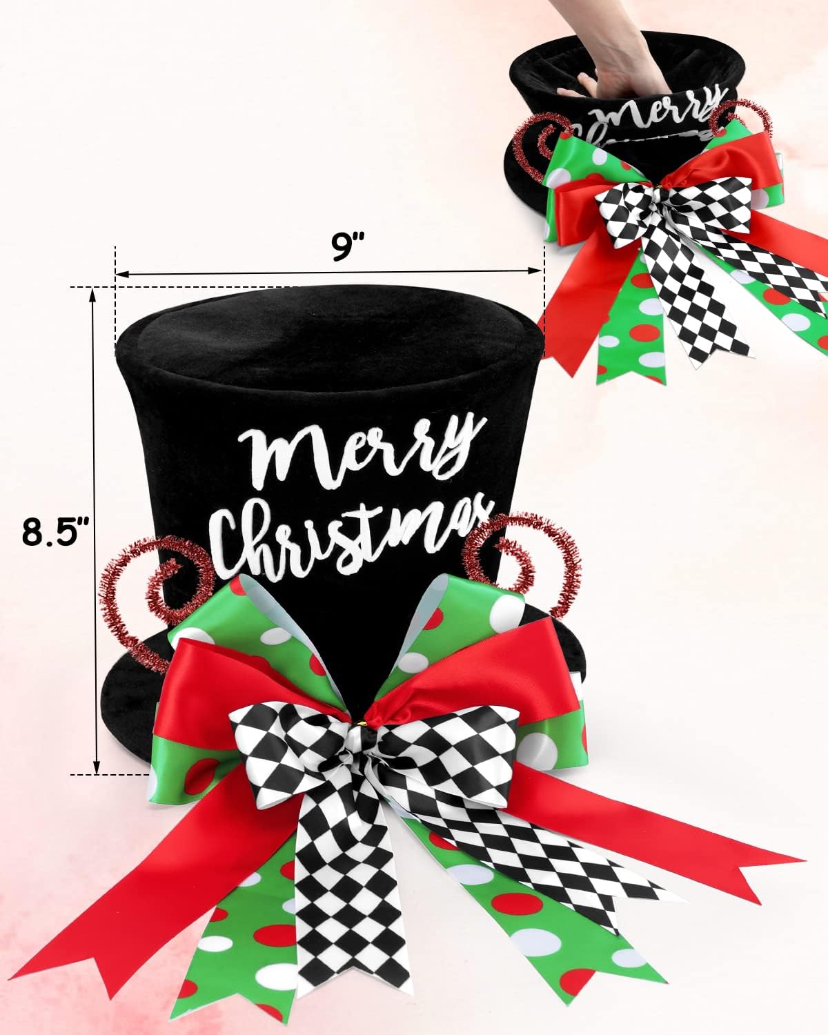 Merry Christmas Tree Topper Whimsical Top Hat with Check Bows Xmas Tree Ornament Winter Holidays Home Decoration Wreath Attachment Festive Gift Ideas Supplies