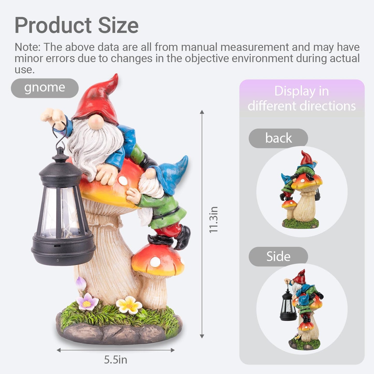 TIJNN Solar Garden Statue Gnomes Figurine Lights,Funny Gnomes Standing on Mushrooms with Lanterns, with Lanterns Outdoor Yard Decorations for Patio Porch Home, Garden Gifts for Women Mom
