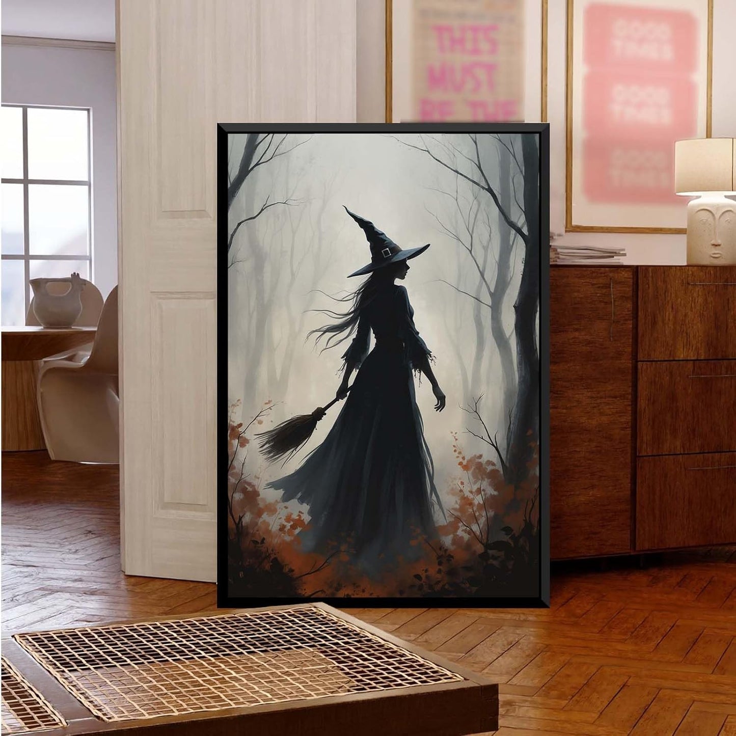 JFHCQJPK Vintage forest witch silhouette poster Halloween mural poster decoration mural art magic suitable for home living room bedroom8x12in Metal blackFramed