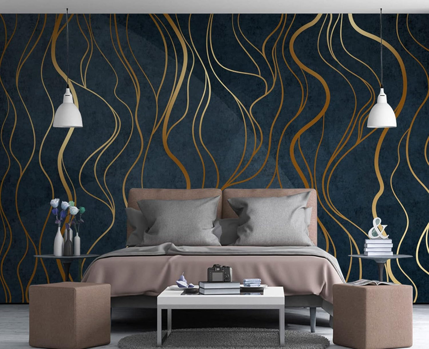 Simple Golden Lines Wall Mural Wallpaper for Bedroom 178" x 117"