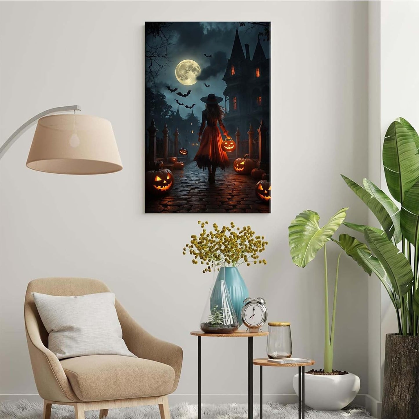 JFHCQJPK Halloween theme poster moonlit autumn night witch vintage poster art print dark college style gothic painting canvas wall decoration bedroom living room ideal gift8x12in Frameless