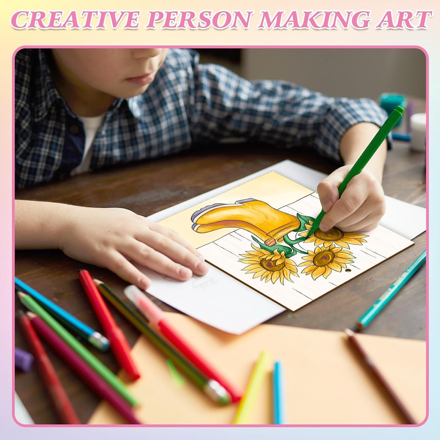 COCHIE 10 Pieces Large Sunflowers Unfinished Wood Crafts to Paint for Adults and Kids, Bulk Predrilled Wooden Ornaments for Painting, Summer Sunflower Paintable Wood Slices Craft Supplies with Ropes