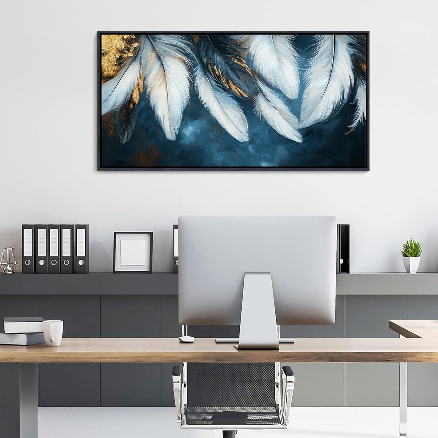 Mofutinpo Blue and Gold Wall Art Framed Navy Blue Decor for Living Room Feather Canvas Art Wall Pictures, Blue Bedroom Wall Decor Above Bed Pictures Wall Decor, Painting - Artwork for Walls 24×48IN