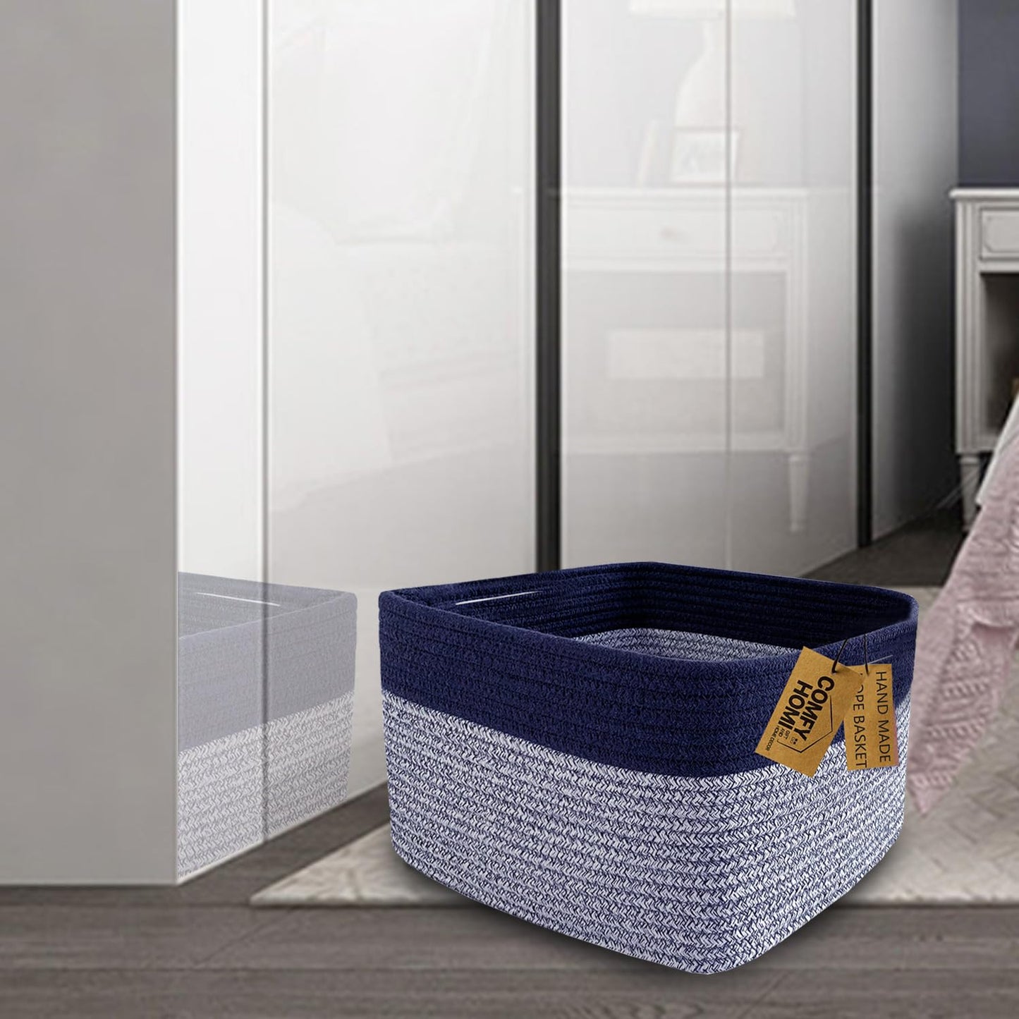 COMFY-HOMI Rectangular Cotton Rope Basket With Handles for Shelves|Dog Toy|Baby Gift - Dark Blue (13.5" x 11" x 9.5")