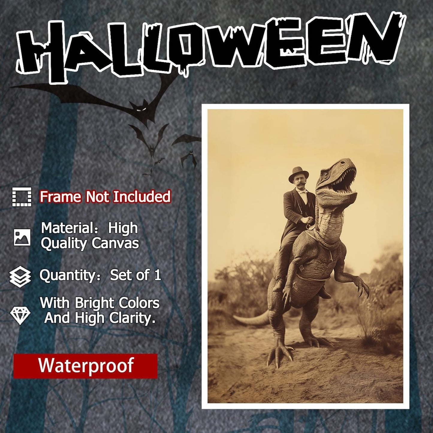 Generic Goth Decor Antiqued Wicca Art Poster Dark Academy Dinosaur And Cowboy Canvas Wall Art Horror Posters Spooky Indoor Art Family Bedroom Office Space Decor 16X24inch Unframed