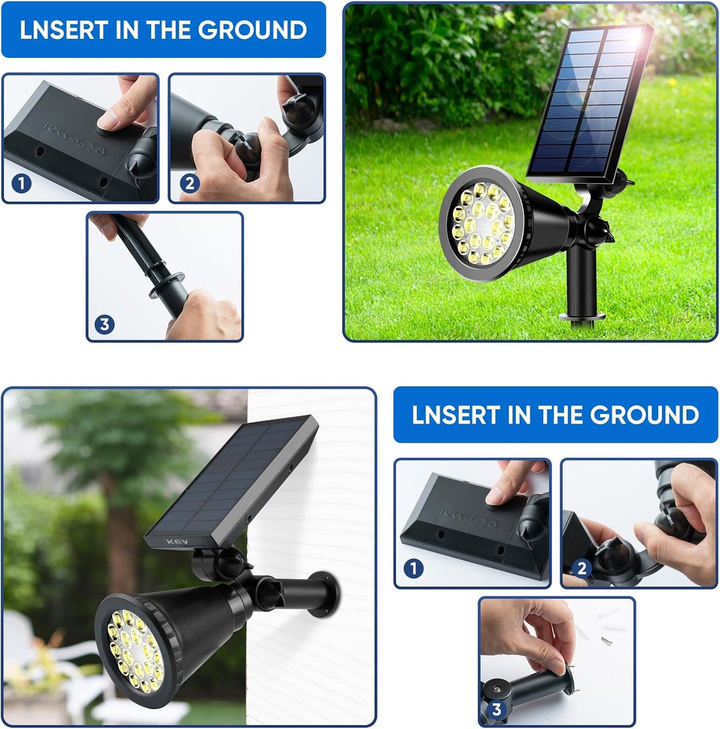 KEV 800 Lumens Solar Spot Lights Outdoor,4 Pack 18 LEDs Solar Flood Lights with 2 Modes &Adjustable &IPX65 Waterproof,Solar Spotlight for Driveway/Backyard/Patio Landscape/Tree/Garage(Warm White)