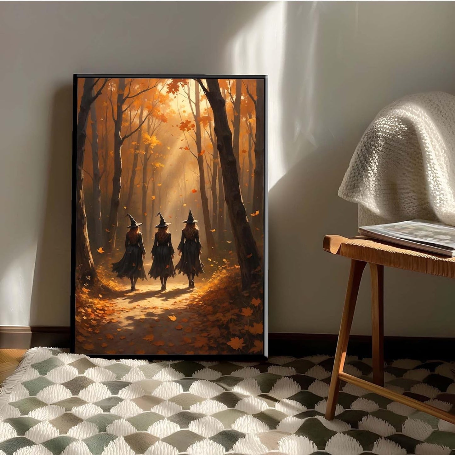 JFHCQJPK Three witches walking in the forest in autumn canvas painting gothic poster halloween print country witch wall art for home decoration8x12in Metal blackFramed