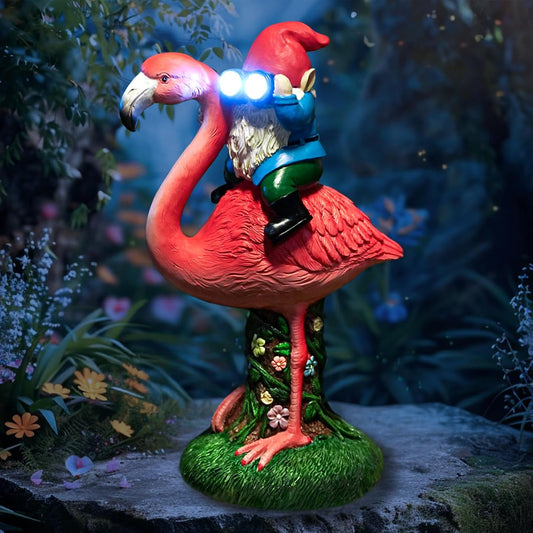 Solar Flamingo Gnome Garden Decor Statue, Outdoor Funny Solar Light Decoration for Yard, Patio, Lawn, Unique Housewarming, Birthday Gift for Women, Mom, Grandma