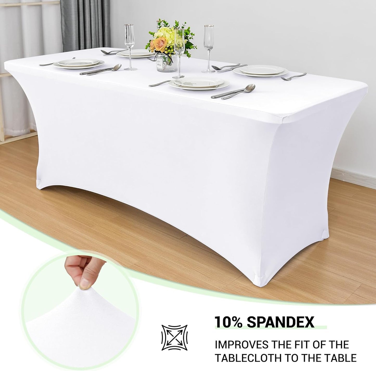 Obstal 6ft Stretch Spandex Table Cover - 4 Pack Universal Rectangular Fitted Tablecloth Protector for Wedding, Banquet and Party, White