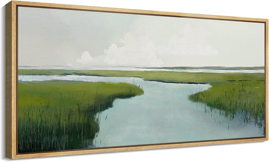 MUDECOR Extra Large Framed Canvas Print Wall Art Serene Marshland Landscape Green and Blue Peaceful Illustrations Antique Retro Fine Art Illustrations Decorative Colorful for Bedroom - 60"x30"