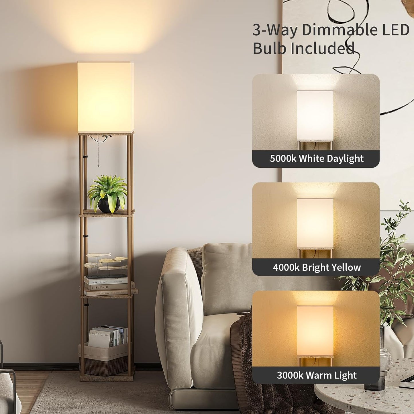 SUNMORY Floor Lamp with Shelves, Modern Square Shelf Lamps, Display Shelf Standing Lamp with 3 Color Temperature Bulb, Corner Bookshelf Lamps for Living Room and Bedroom Office, Home Decor