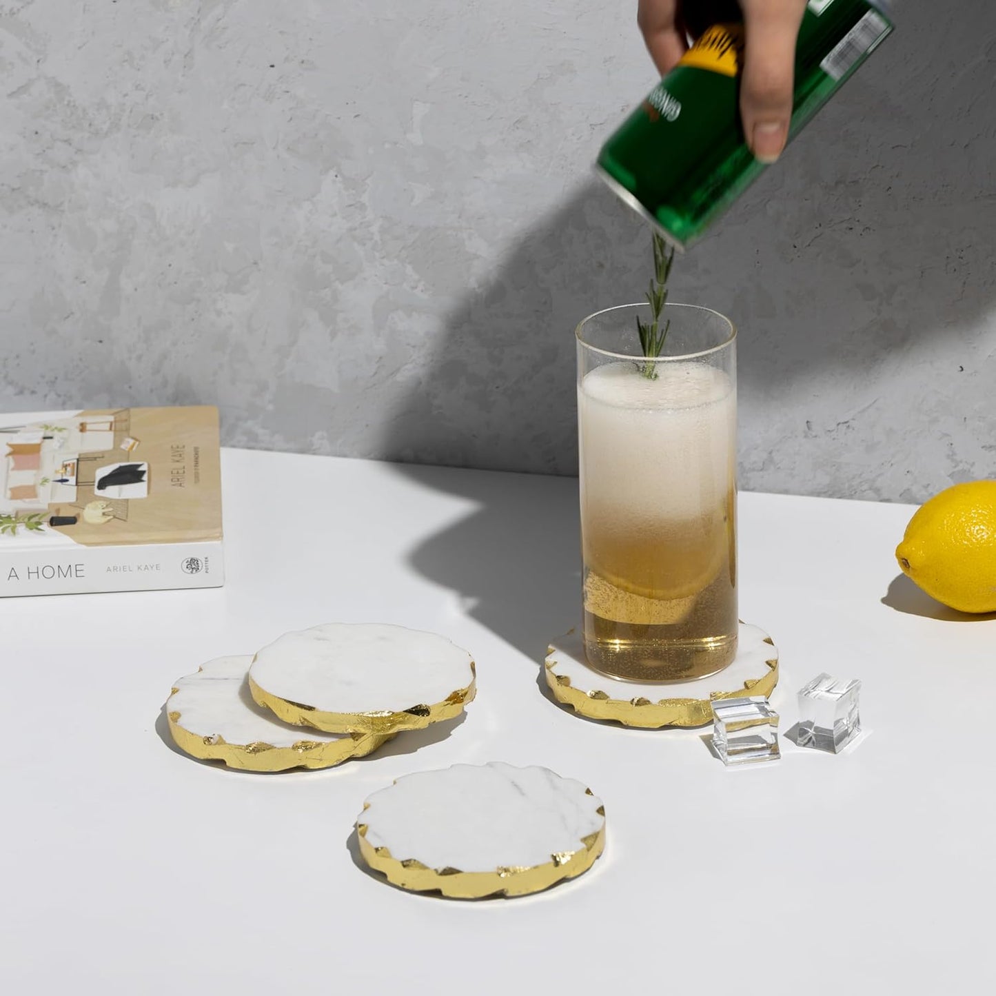 Set of 6 Real Marble Coasters with Golden Borders, decoratice White & Gold Coasters for Desk, Coffee Table | Thick & Heavy Aesthetic Coaster Set, 4 inch Dia (Gold)