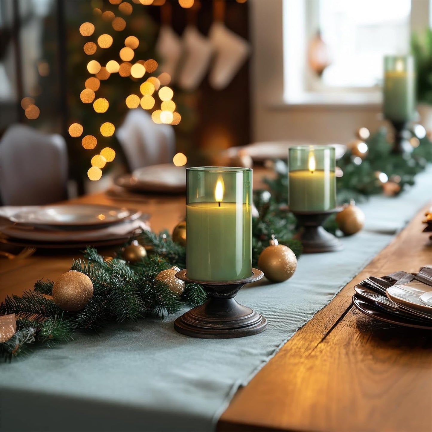 Amagic Green Glass Flameless Candles with Remote and Timer, Real Wax Battery Operated Candles, Flickering Electric LED Pillar Candles for St. Patrick's Day, Christmas Party Decor, Set of 3