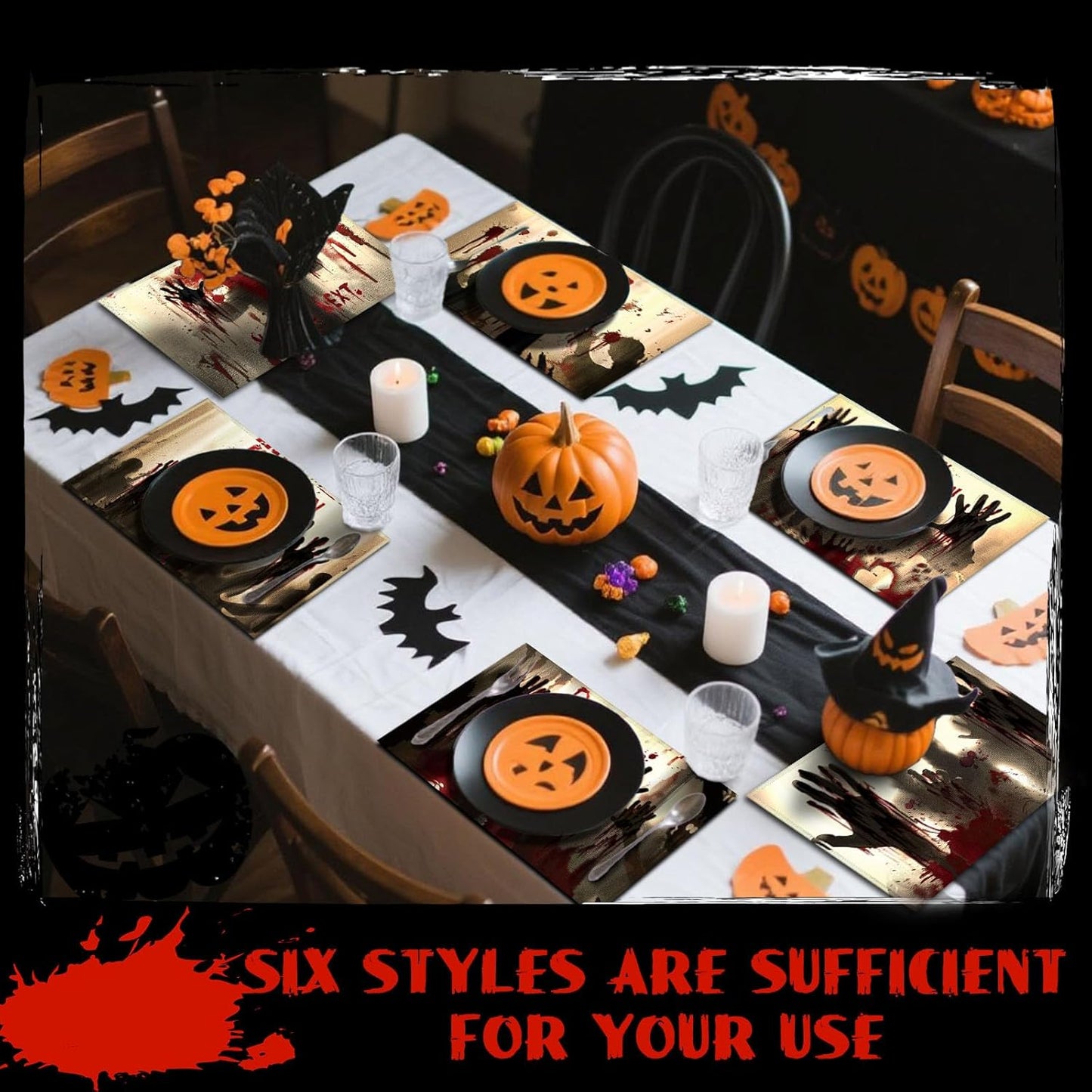 Umigy 6 Pcs Halloween Placemats 12"x18" Gothic Bat Placemats Kitchen Decoration Washable Witch Place Mats Rectangle Skull Table Mats for Halloween Dining Table Accessories (Bloody Hands Style)