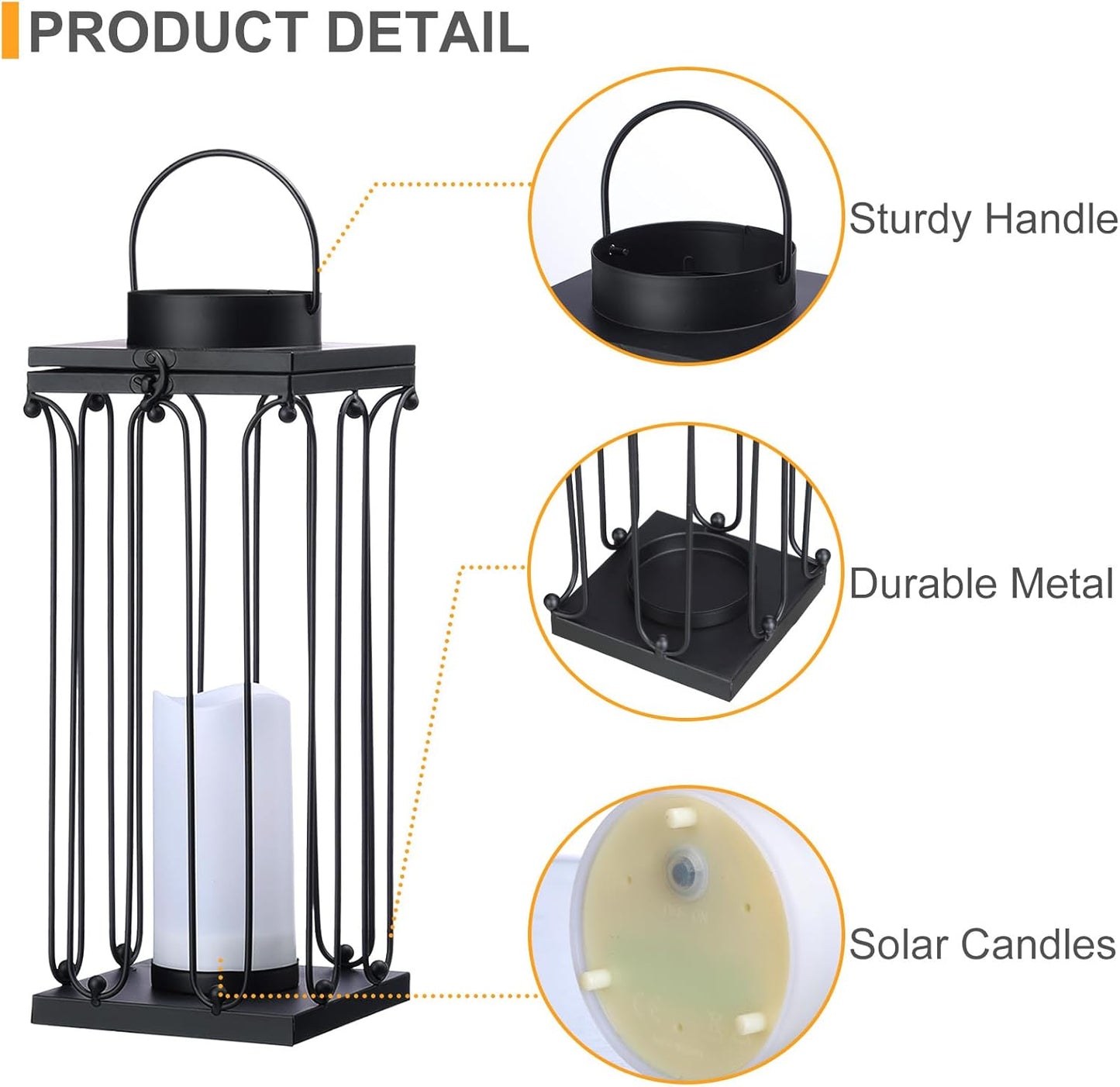 Solar Lantern Decorative Outdoor Set of 2 (18’’ & 15’’) Modern Black Metal Lanterns with Solar Candles, Decorative Candle Lanterns for Outdoor Porch, Patio, Garden, Yard Decor